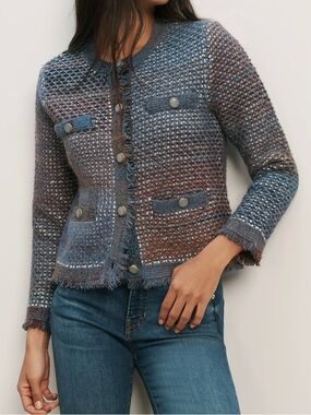 Veronica Beard Sariyah Textured Fringe Tweed-Style Button Cardigan - Blue & Rust